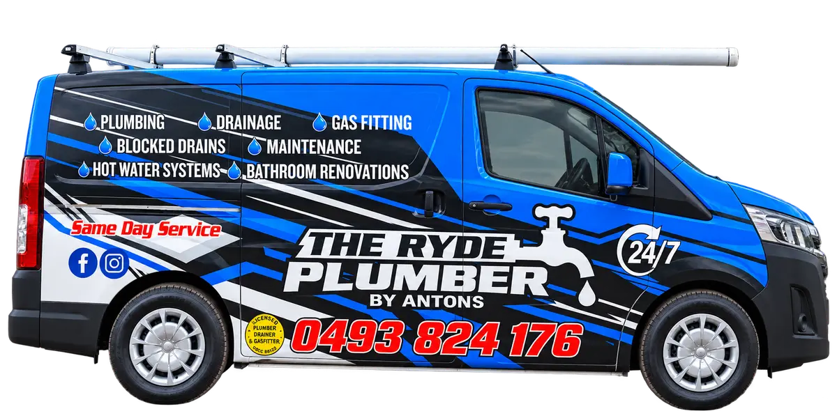 Full blue The Ryde Plumber by Antons service van showing phone number 0493 824 176